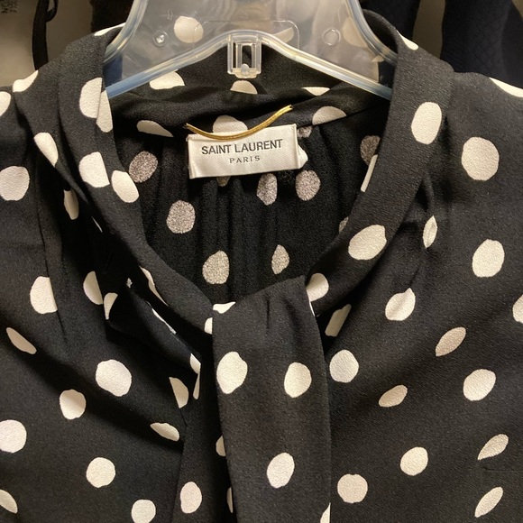 Saint Laurent Tie Neck Black & White Polka Dot Mini Dress - Picture 5 of 10